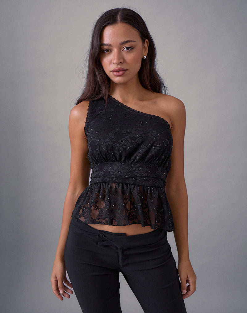 Image of Sayong One Shoulder Top in Floral Lace Black