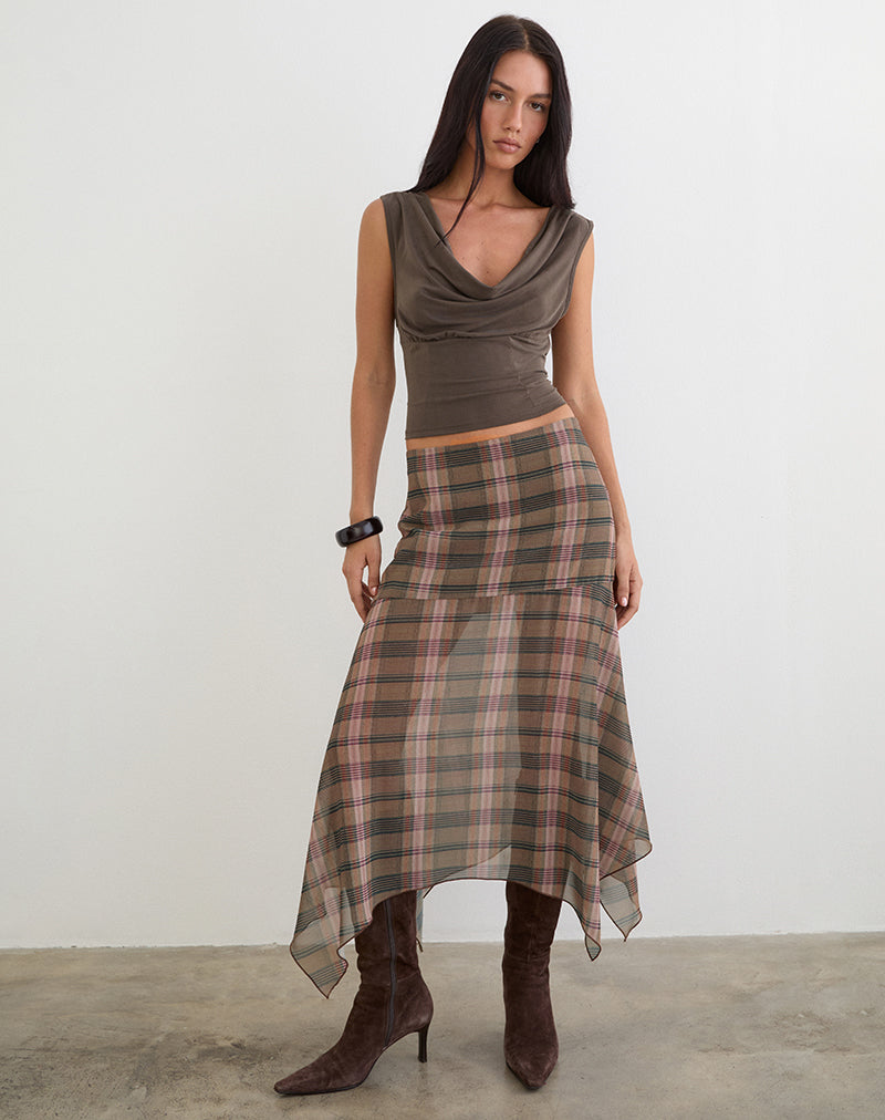 Image of Sedra Midi Skirt in Brown and Pink Blurry Check
