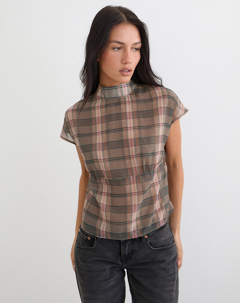 Image of Sekala Top in Brown and Pink Blurry Check