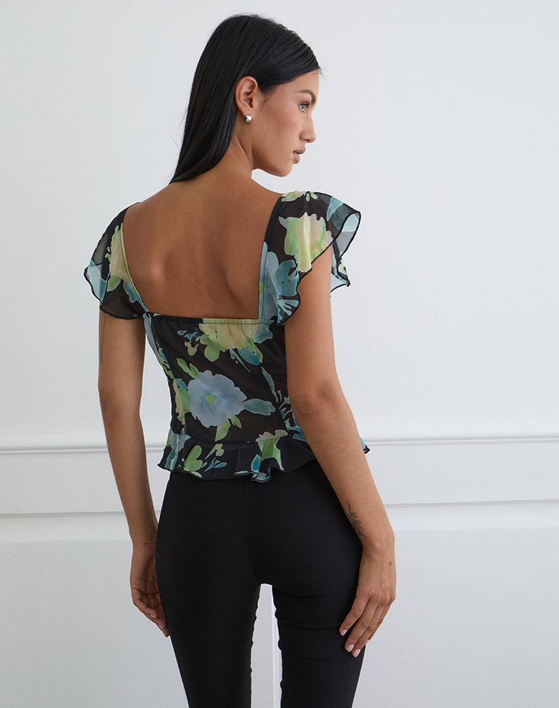 Image of Selita Top in Black Chiffon with Crystal Flower Print