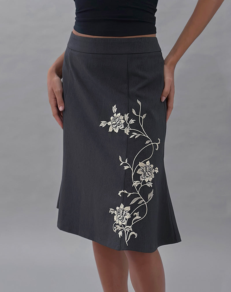 Image of Sepzhi Midi Skirt in Vine Flower Embroidered Dark Charcoal