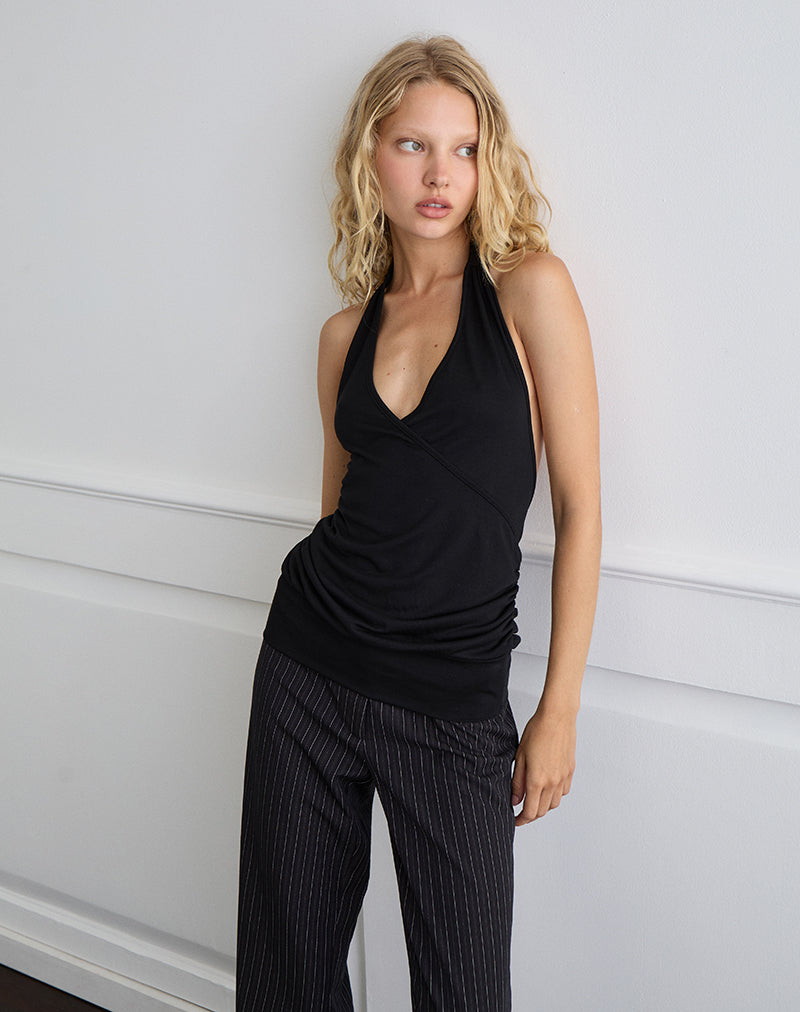 Image of Seren Plunge Wrap Top in Cupro Black