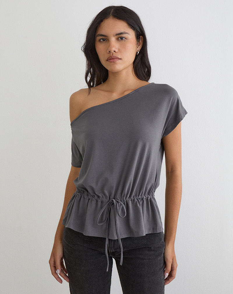 Image of Sika One Shoulder Top in Charcoal Grey with Tie Belt