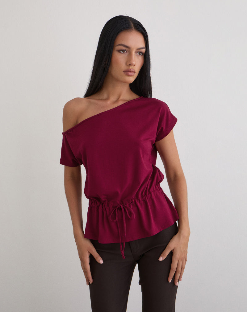Image of Sika One Shoulder Top in Burgundy with Tie Belt