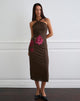 Image of Silvra Halterneck Midi Dress in Brown with Pink Flower Print