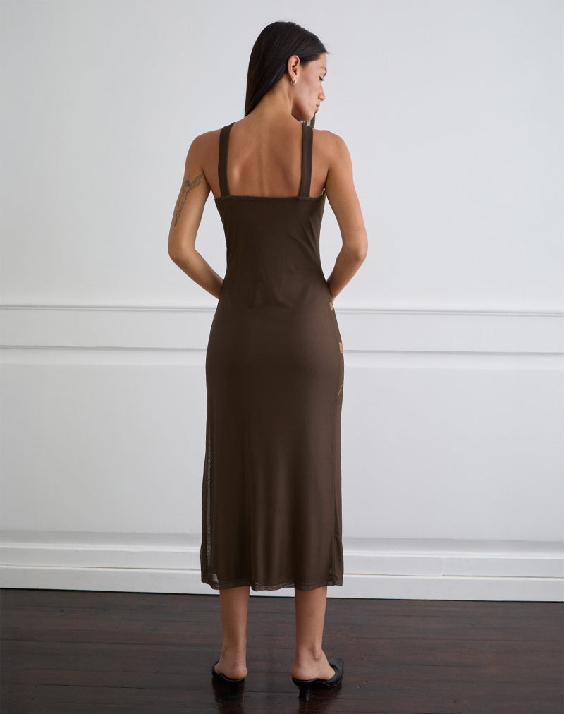 Image of Silvra Halterneck Midi Dress in Brown with Pink Flower Print
