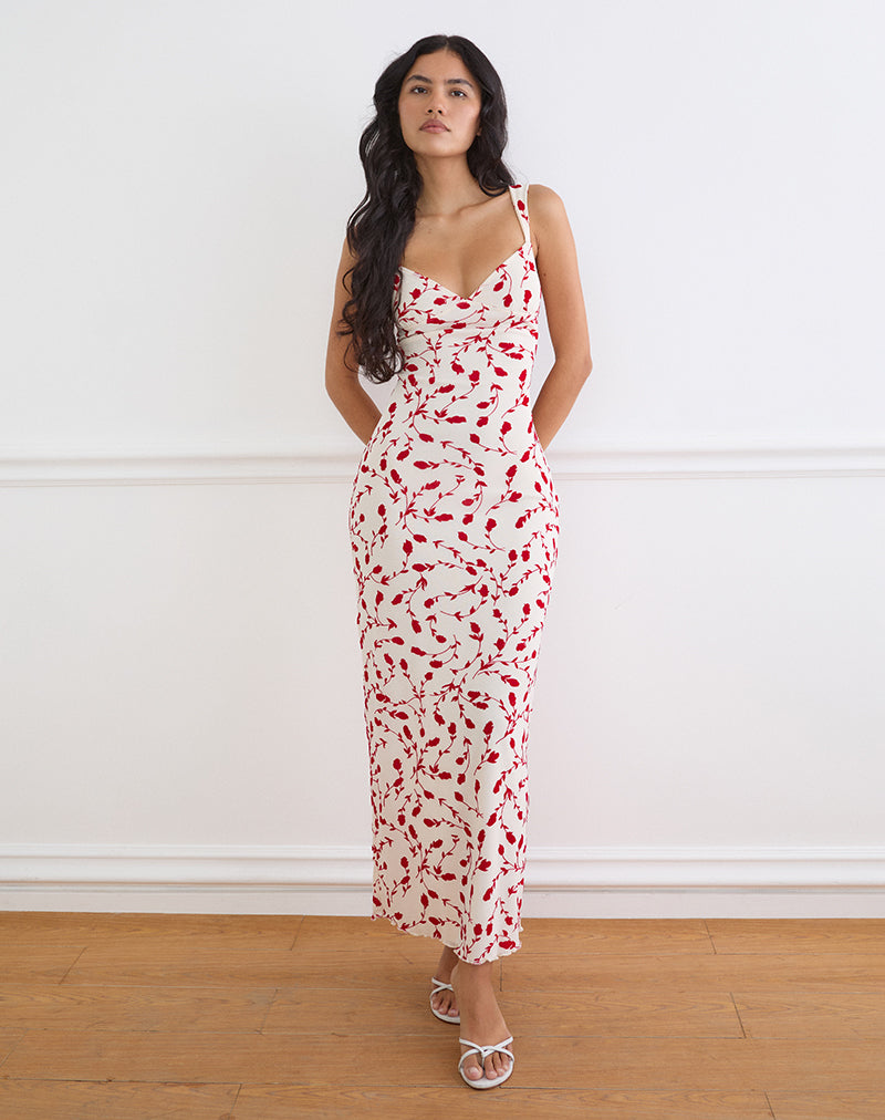 Image of Sitiya Maxi Dress in Cream with Red Leafy Lily Flock