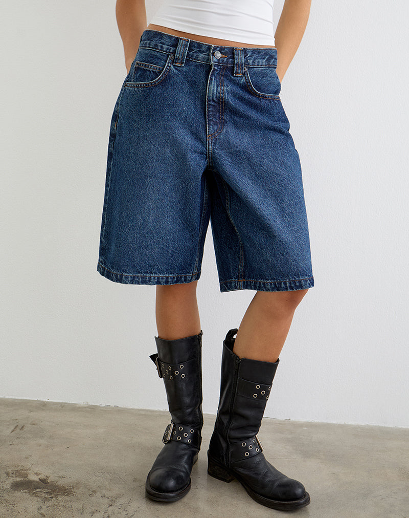 Image of Low Rise Denim Skater Short in Mid Blue Used