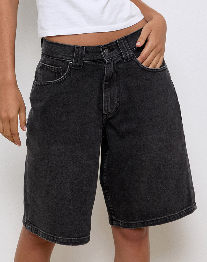 Image of Low Rise Skater Shorts in Washed Black Grey Denim