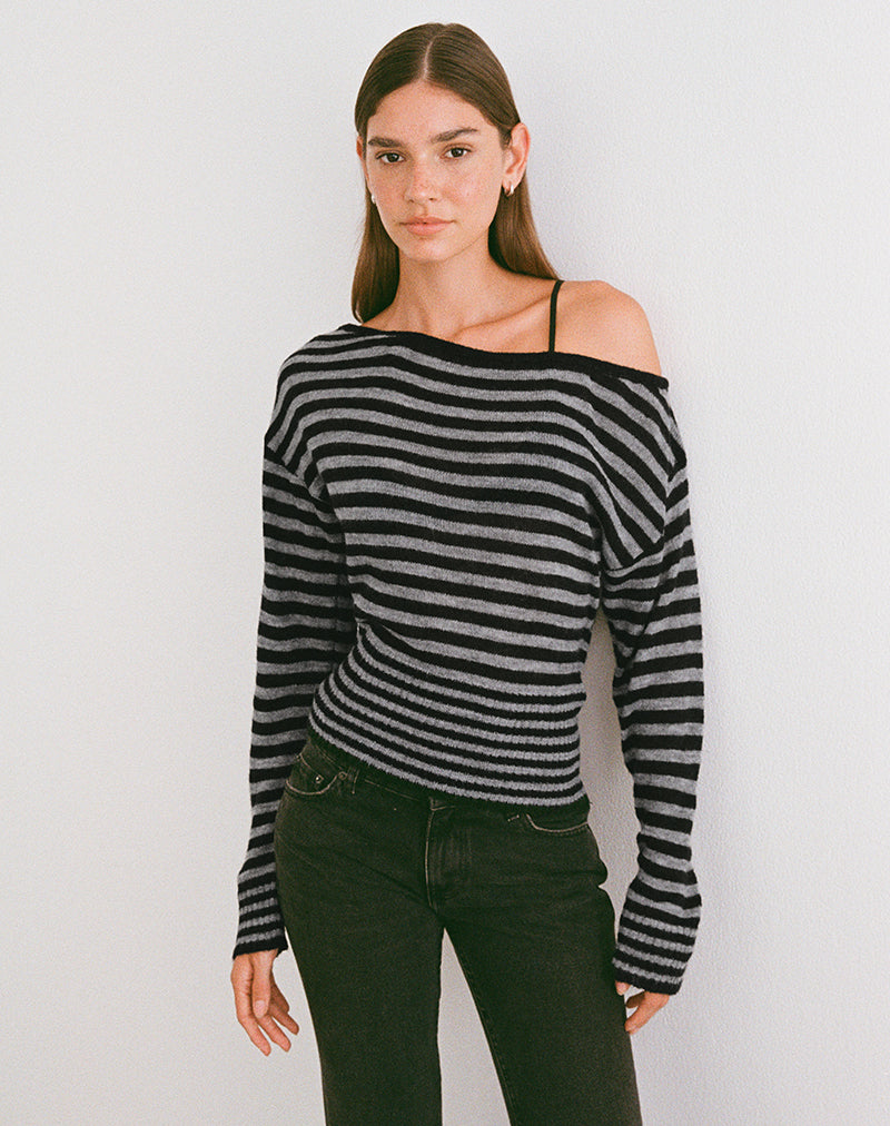 Image of Suena Asymmetric Jumper in Stripe Black and Grey