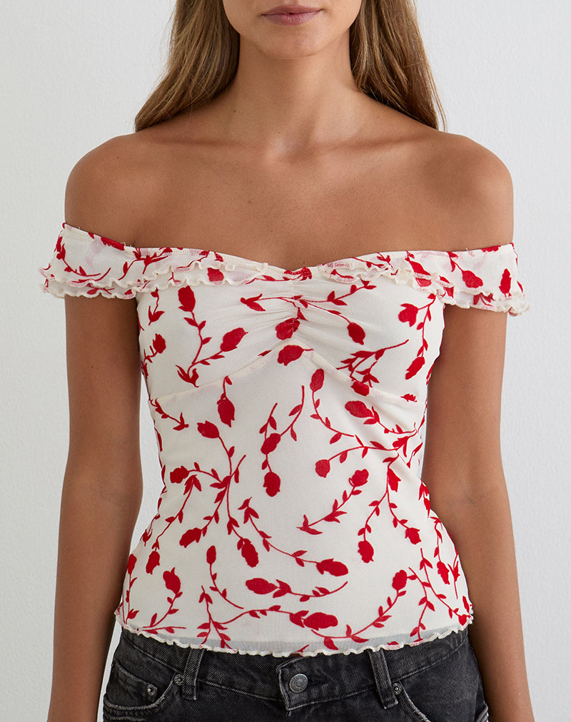 Image of Switi Bardot Top in Cream with Red Leafy Lily Flock