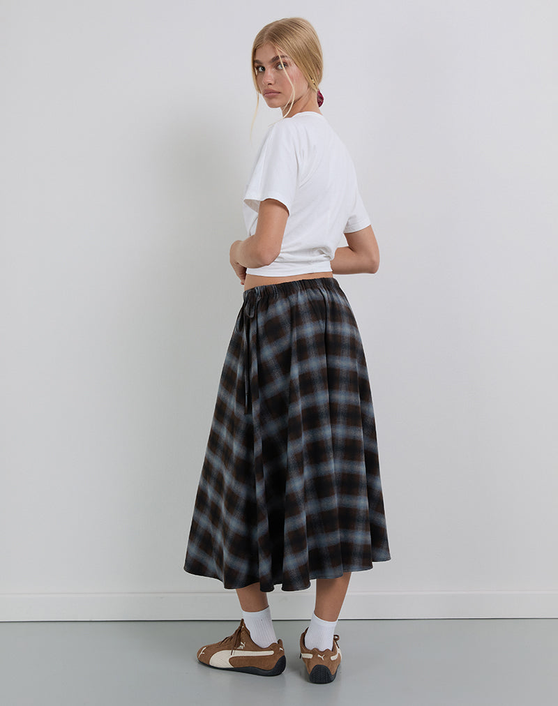 Image of Taka Midi Skirt in Blue and Brown Check