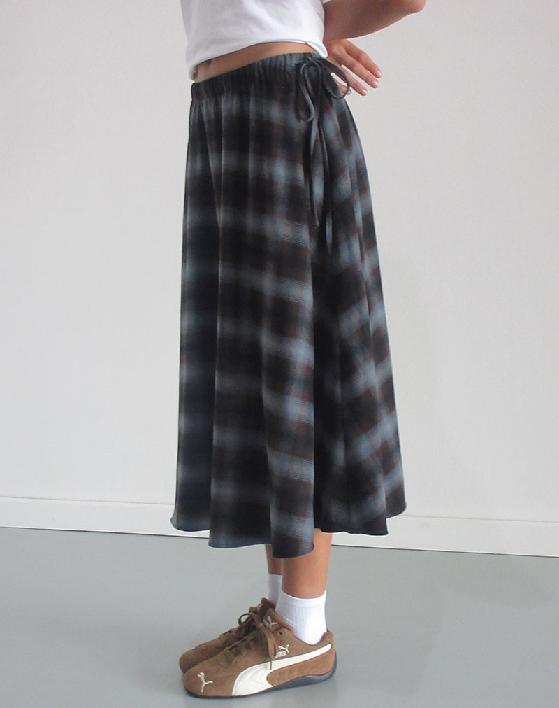 Image of Taka Midi Skirt in Blue and Brown Check