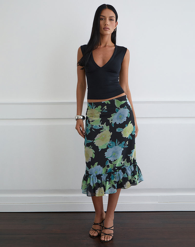 Image of Tarla Midi Skirt in Black Chiffon with Crystal Flower Print