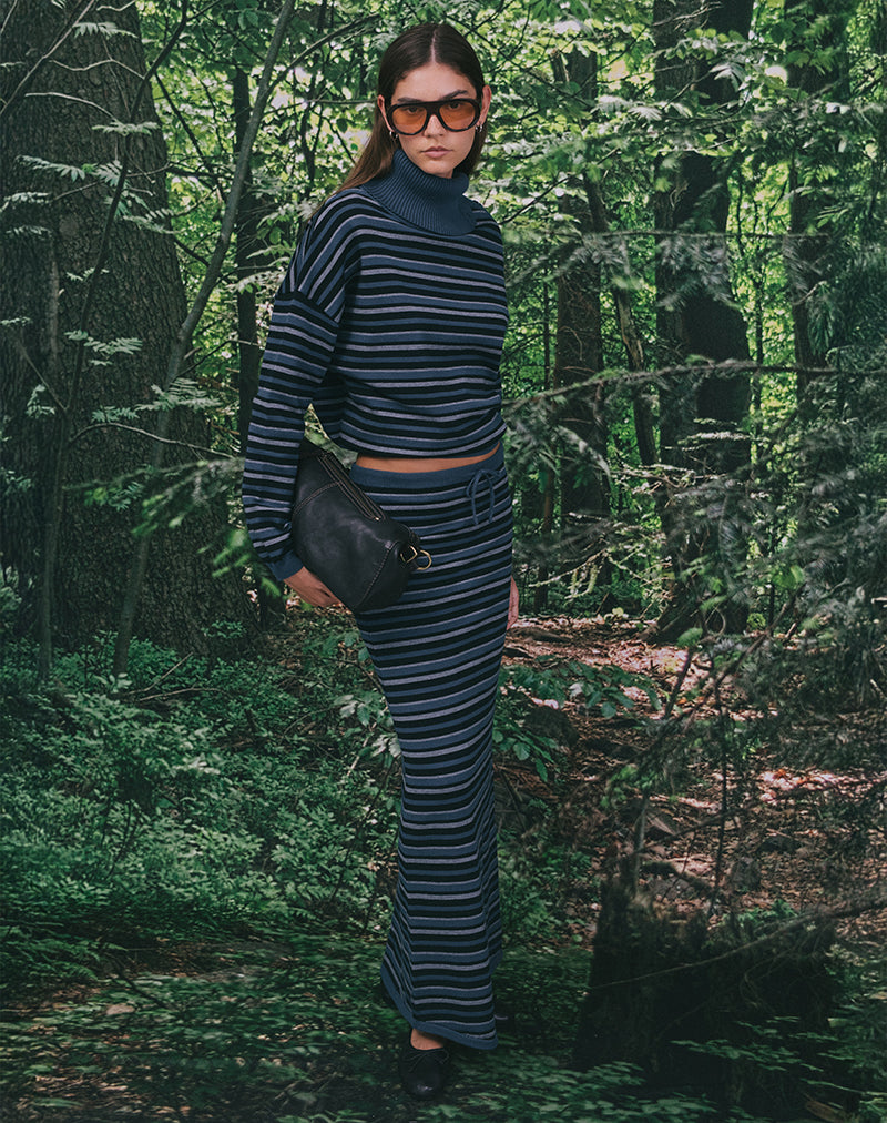 Image of Tarmina Maxi Skirt in Knit Stripe Blue and Grey