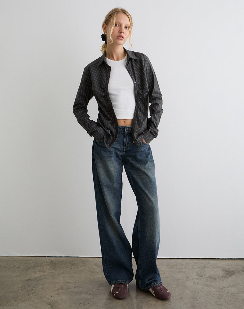 Image of Tarsi Fitted Shirt in Mono Pinstripe Grey