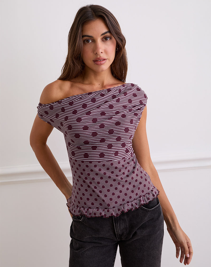 Image of Tarya Asymmetric Top in Stripe Polka Plum