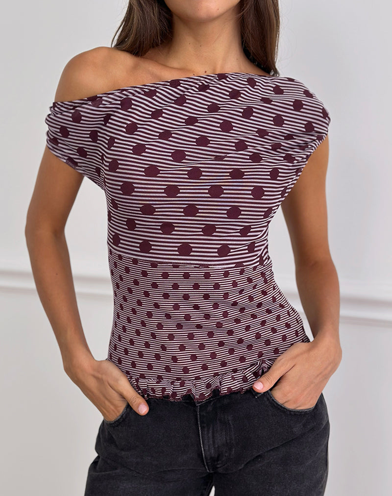 Image of Tarya Asymmetric Top in Stripe Polka Plum