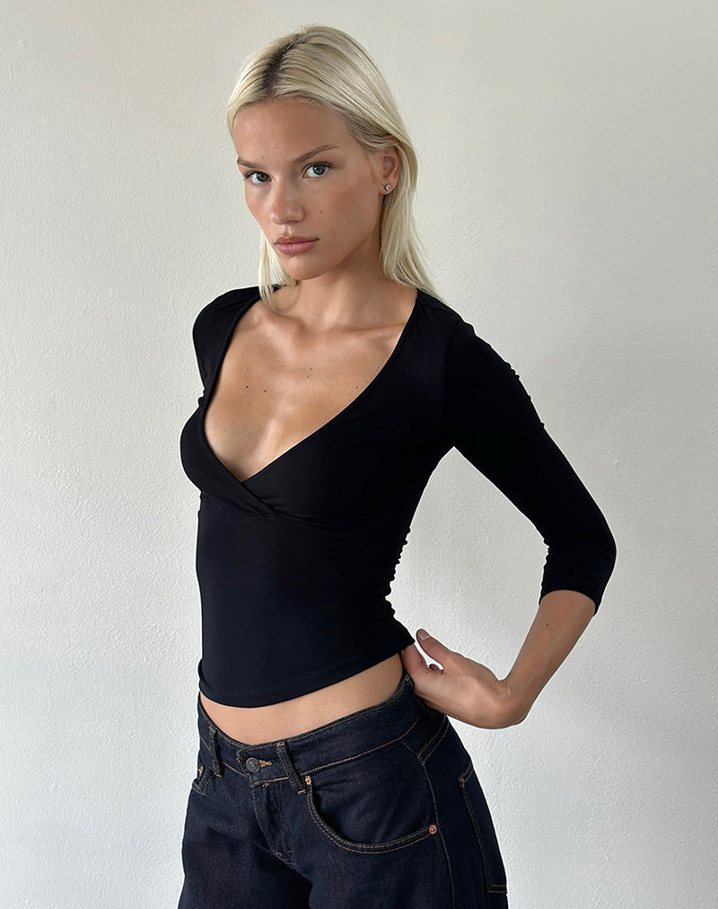 Trudis Quarter Sleeve Wrap Top in Jersey Black