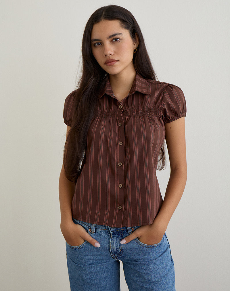 Image of Ulsan Shirt in Poplin Stripe Brown