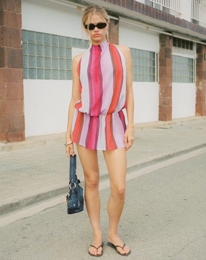 Image of Veloria Halterneck Mini Dress in Pink Chiffon Painted Stripe