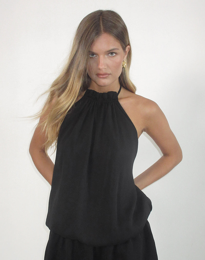 Image of Veloria Halterneck Mini Dress in Black Chiffon with Lining
