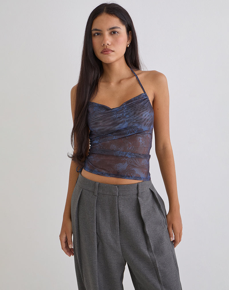 Image of Xiomara Halterneck Top in Midnight Paisley Dark Blue