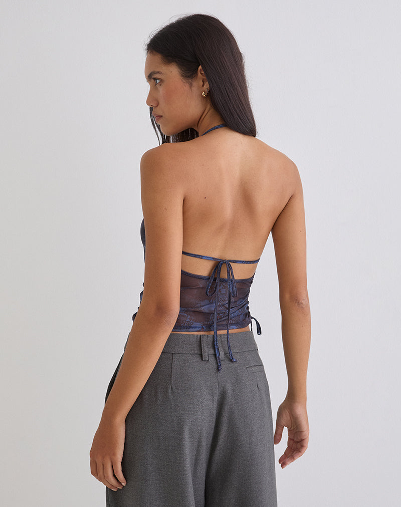 Image of Xiomara Halterneck Top in Midnight Paisley Dark Blue