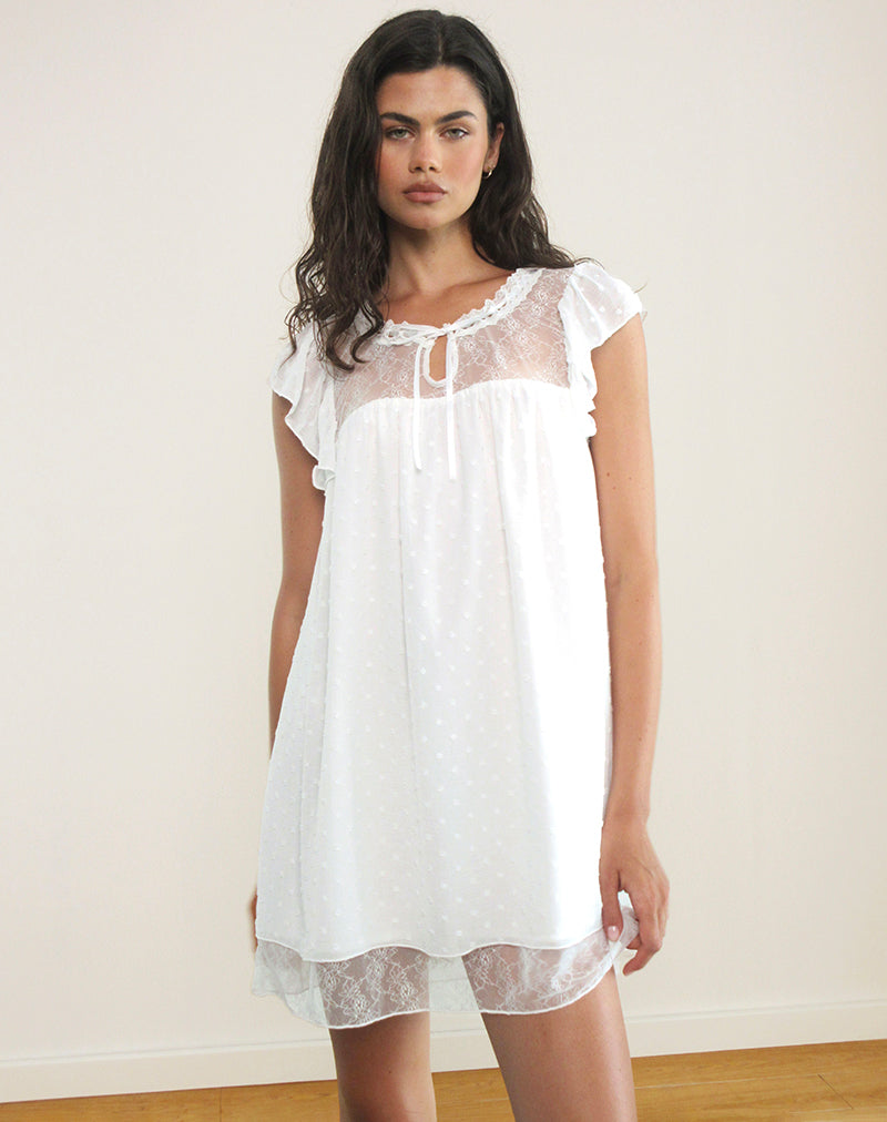 Image of Yagis Smock Mini Dress in Dobby Chiffon White Lace