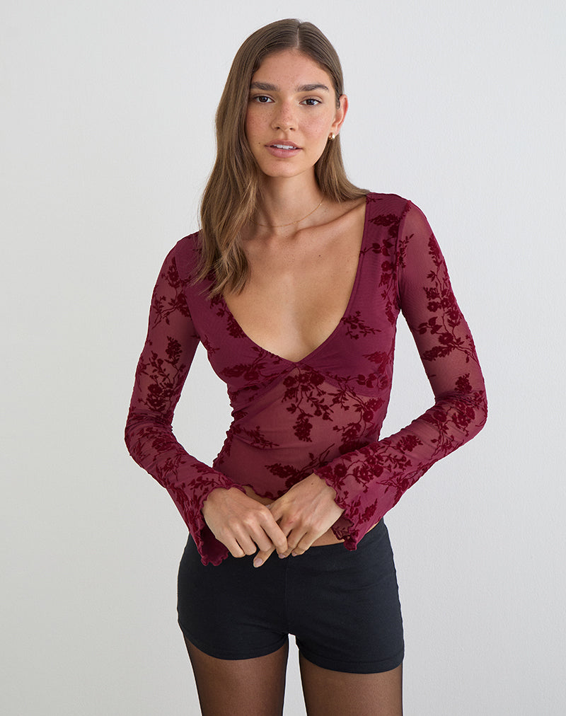 Image of Yamuna Top in Flocked Botanical Flower Maroon