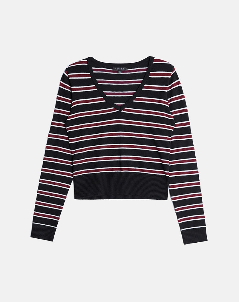 Image of Yasra Jumper in Stripe Knit Black Burgundy