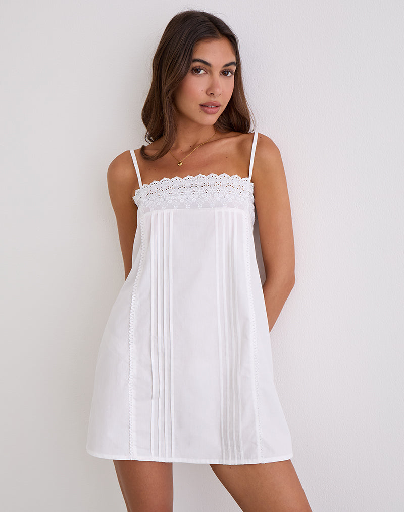 Image of Yoshiko Broderie Trim Mini Dress in White