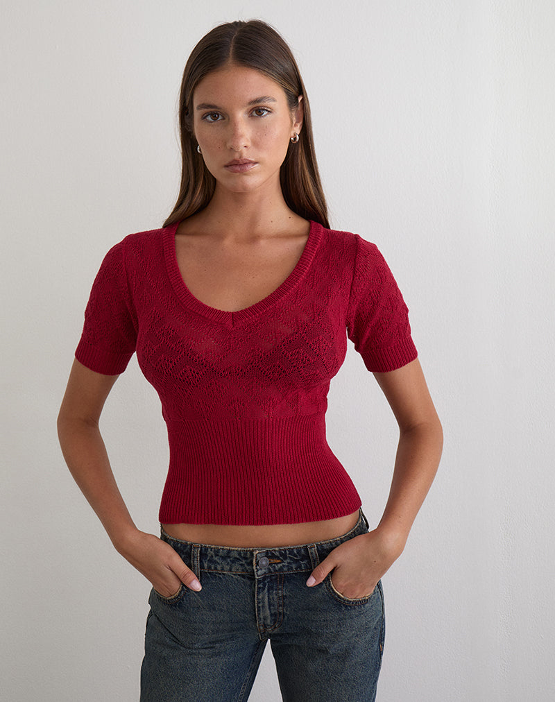 Image of Yura Top in Pointelle Knit Deep Red