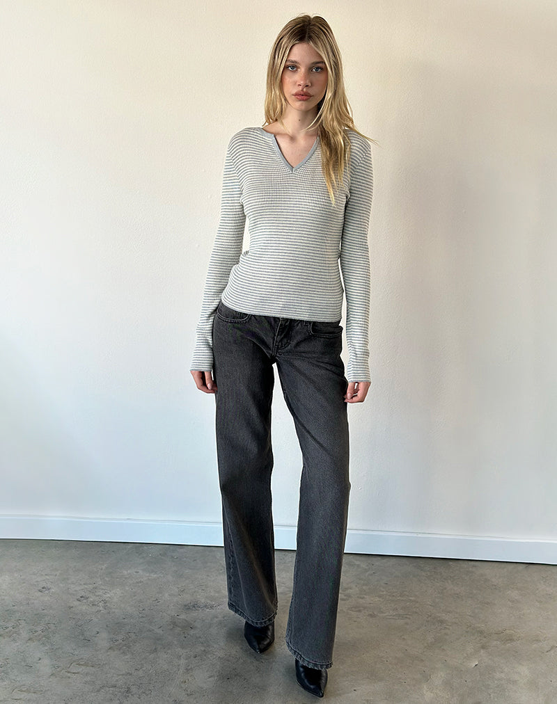 Image of Yuso Top in Waffle Knit Stripe Grey and Cream