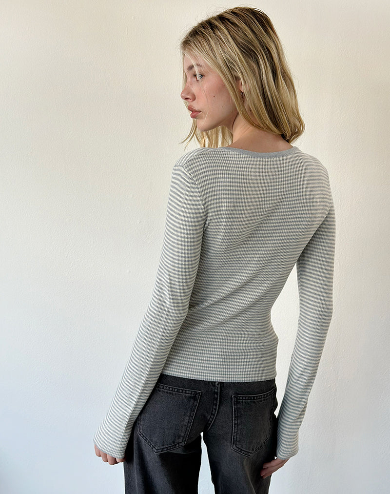 Image of Yuso Top in Waffle Knit Stripe Grey and Cream