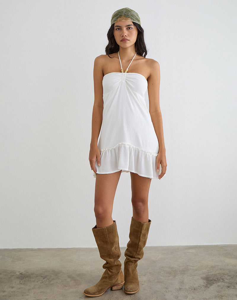 Image of Yvelise Mini Dress in Crinkle Off White with Beads